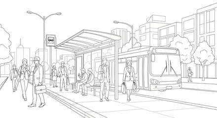 Fototapeta premium Busy Urban Tram Station With Commuters Illustration.