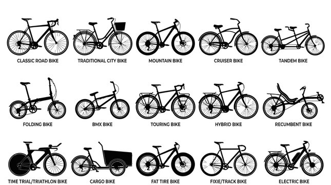 Black and White Vector Bicycle Types Silhouettes. Line Art Icons for Sports, Recreation  Transportation.