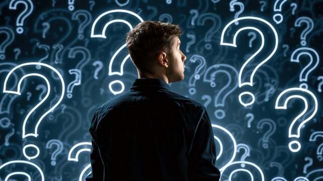 Young man contemplating life's uncertainties, surrounded by an array of glowing question marks, symbolizing profound.