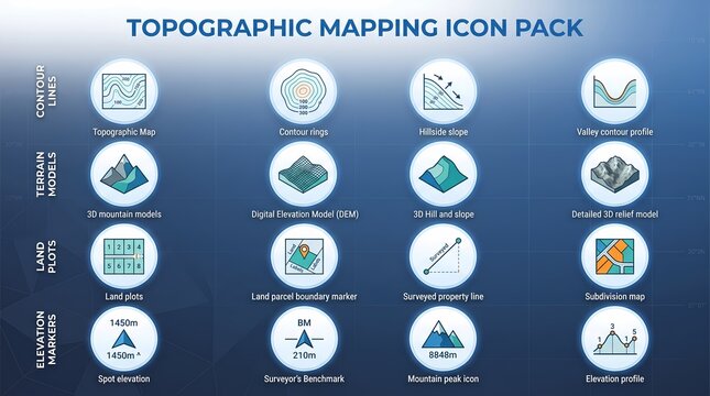 Topographic Mapping and Land Surveying GIS Icon Pack