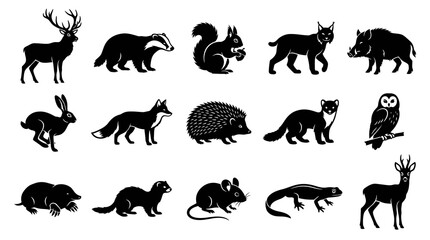 Fototapeta premium European Forest Wild Animals Silhouette Icon Set. Nature Wildlife Mammals Birds Reptiles Collection