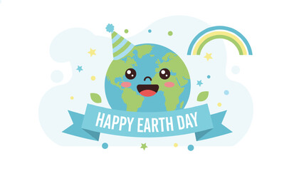 Naklejka premium Cute cartoon earth wearing a party hat celebrates happy earth day with a rainbow for environmental awareness.