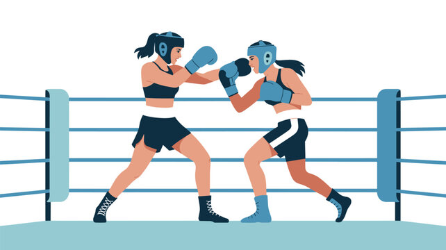 Two female boxers compete in a blue boxing ring wearing protective gear and gloves for a professional match.