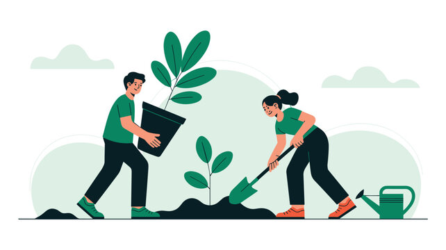 Team of gardeners plant trees together in a field to promote environmental conservation and ecological balance.