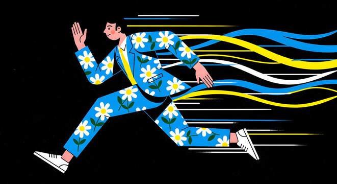 Speed and innovation in business growth. Professional success and forward thinking. Man in a floral suit running fast with abstract motion lines