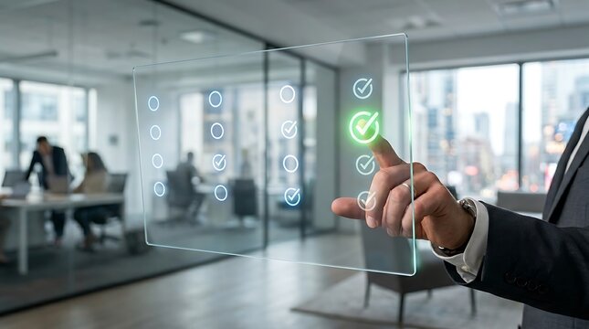 Businessman interacting with digital checklist in modern office