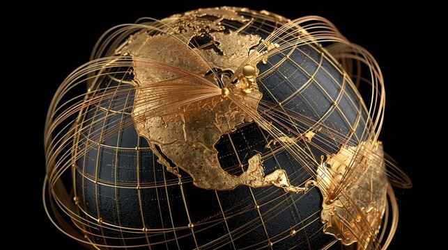 A luxurious golden globe, intricately designed with metallic continents and a wireframe grid, symbolizes global.