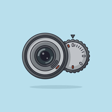 Stylized vector illustration of a camera lens and mode dial
