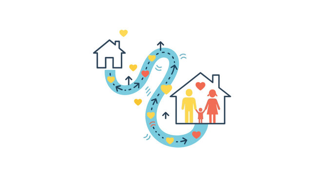 Family Moving Home Journey Path with Hearts and Arrows