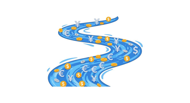 Flowing River of Global Currency Symbols and Coins