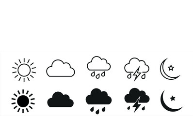 Obraz premium Weather forecast icons set includes sun cloud rain storm and moon for daily climate conditions and atmospheric phenomena on transparent background vector illustration.