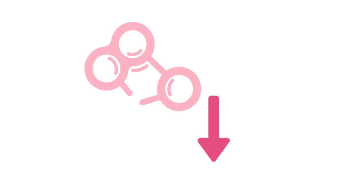 Pink molecule icon with downward arrow, representing chemical reduction or decrease