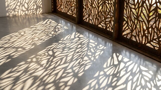 Intricate leaf pattern shadows on a polished concrete floor, decorative laser cut screen panels, modern architectural interior design with natural light