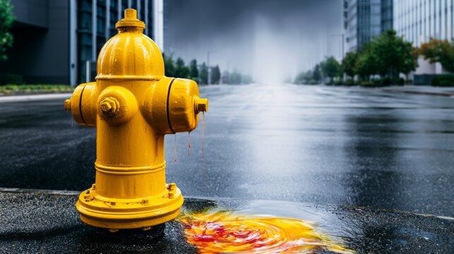 Bright Yellow Fire Hydrant Standing on Wet Pavement in Urban Setting with Dramatic Background Atmosphere
