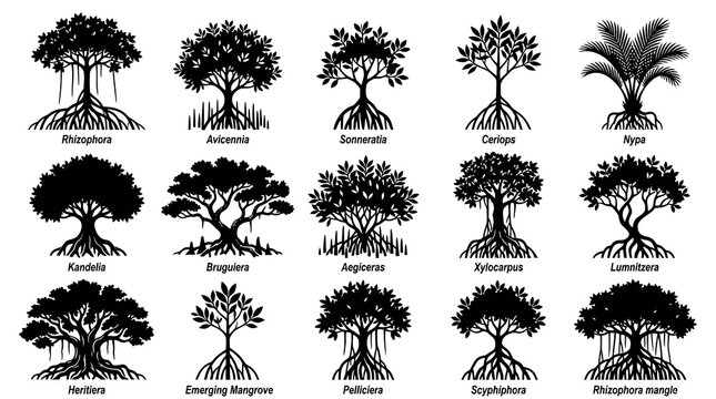 Mangrove Tree Species Collection Black and White Vector Illustrations