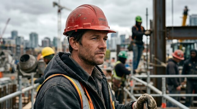 Profile portrait of a rugged male construction worker wearing a red hard hat, standing on a busy building site with crew members and city skyline behind.