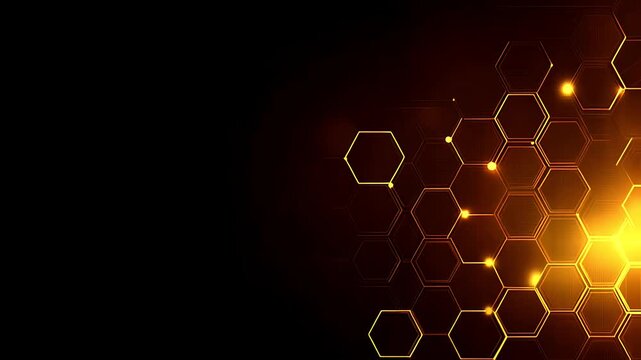 Abstract background with glowing golden hexagonal shapes and light particles on dark.