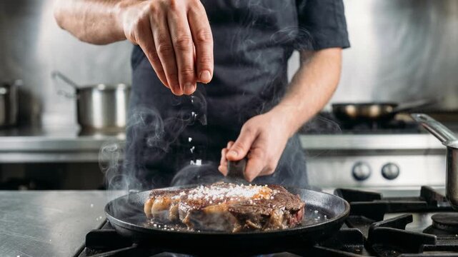 Chef seasoning beef steak with a sprinkle of salt, professional kitchen backdrop, rising steam, gourmet cooking process, culinary excellence and restaurant concept, 4K video