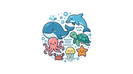 Obraz premium Cute Cartoon Ocean Animals Circle, Whale, Dolphin, Octopus, Turtle, Starfish, Jellyfish