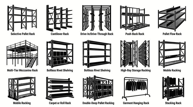 Warehouse Racking Systems Set: Storage Solutions in Black and White Line Art Style