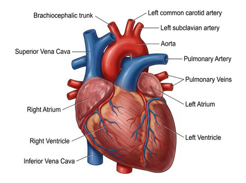 Human heart anatomy with blood vessels and circulation system isolated on transparent background