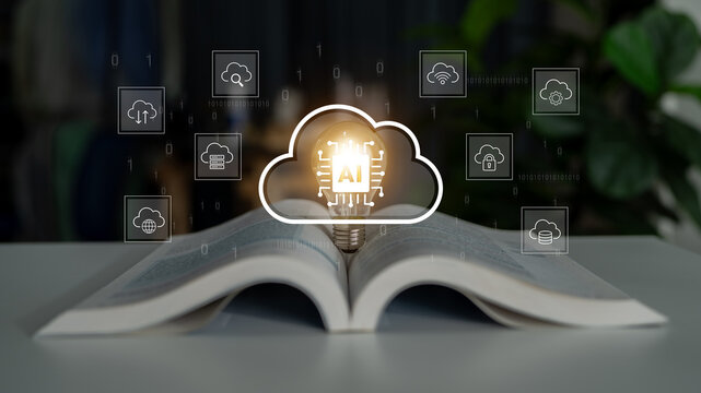 An open book showcases a lightbulb and cloud graphic, symbolizing artificial intelligence and digital innovation. This image encapsulates modern education and technological advancement. Cyphers