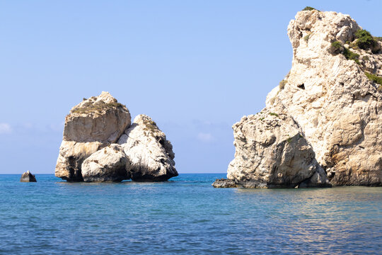 Aphrodite's Rock (Petra tou Romiou) coastal sea stack landmark in Paphos, Cyprus in June summer.