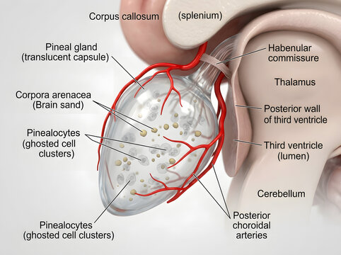 Anatomy of pineal gland located in brain showing pinealocytes and vascular network