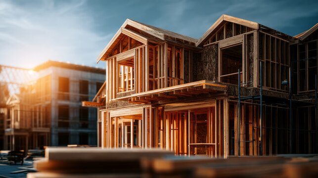 Detailed View of Wooden Framed Structure Under Construction at Sunset in Urban Environment