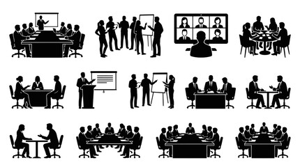 Obraz premium Business Meeting Icons: Collaboration, Presentation, Video Conference, Office Silhouettes