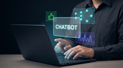 Fototapeta premium Smart Chatbot Panel Glows Above Laptop to Display Neural Network, Approve Thumbs Up, Process Voice Waveform, and Automate Digital Customer Conversation Support