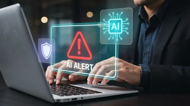 Businessman Types on Laptop at Office Desk to Trigger Cyber Security Warning, Display Red Alert Triangle, Confirm Protection Shield, and Detect Digital System Threat