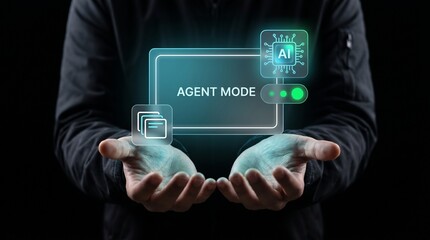 Obraz premium Smart Agent Mode Panel Floats Above Cupped Hands to Display Processing Chip, Toggle System Status, Stack Configuration Cards, and Automate Digital Control
