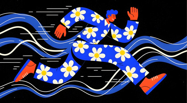 Dynamic person running with flower pattern clothes. Energetic movement and nature inspiration concepts. A stylized figure sprinting with floral blue outfits on a dark background