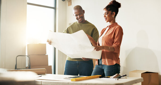 Blueprint, boxes and interior design with couple in new home together for diy project or renovation. Floor plan, smile and talking with homeowner people in apartment for development or improvement