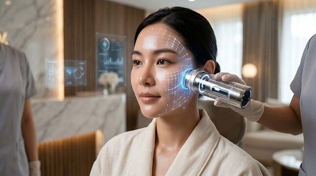 Young Asian woman receiving futuristic facial skin analysis with laser scanning device in modern beauty clinic