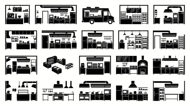 Food and Beverage Industry Commercial Kitchen Equipment and Restaurant Interior Glyphs Set - Food Truck, Coffee Shop Silhouettes