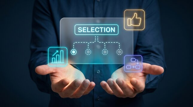 Business Team Selection Panel Floats Above Cupped Hands to Display Approval Thumbs Up, Connect Bracket Flowchart, Track Bar Chart, and Streamline Leadership Recruitment