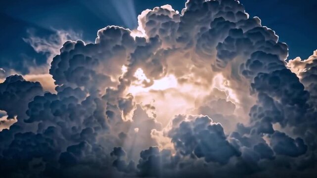 Dramatic sunlight breaking through clouds in sky, heavenly rays shining bright, nature landscape cinematic background, peaceful spiritual atmosphere video