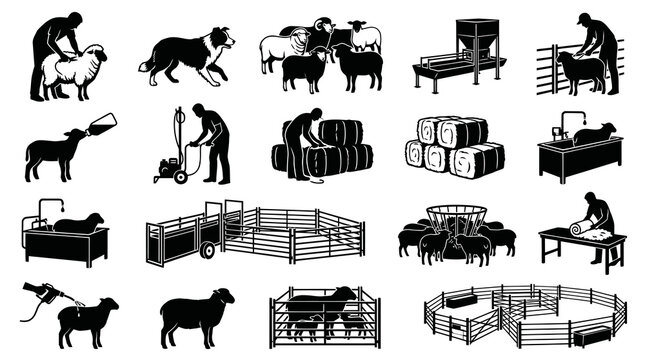 Sheep Farming Icons: Black  White Silhouettes for Agriculture and Livestock