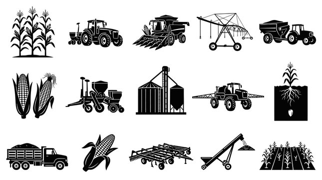 Black  White Icons of Farming Equipment, Crops, and Fields