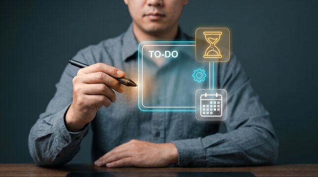 Business To-Do Task Panel Glows at Stylus Tip to Display Hourglass Countdown, Adjust System Gear, Schedule Calendar Date, and Organize Digital Workflow Management