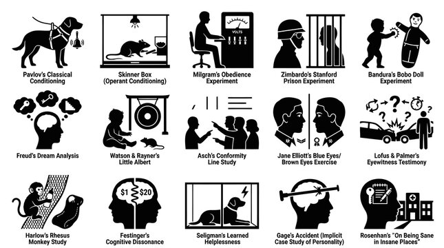 Black  White Flat Vector Glyphs: Iconic Psychology Experiments, Concepts  Theories Icons Collection