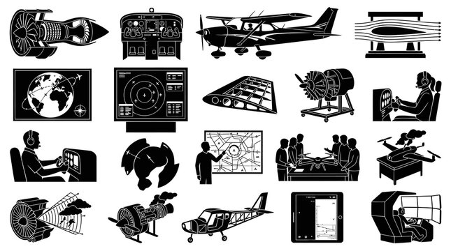 Aviation Industry Glyph Icons Set. Aircraft, Flight, Piloting, Air Traffic Control  Simulation Elements