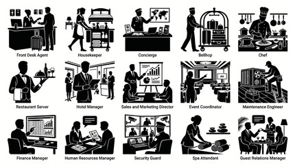 Obraz premium Hospitality Industry Professions Glyph Icons Set - Hotel, Restaurant Service Staff Roles