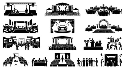 Obraz premium Event Management Glyph Icons. Conference, Exhibition, Concert, Wedding, Party, Auction, and Awards Solid Pictograms.