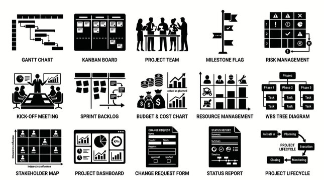 Project Management Business Icons Set. Agile Methodology Tools  Concepts. Black and White Glyph Vector Art.