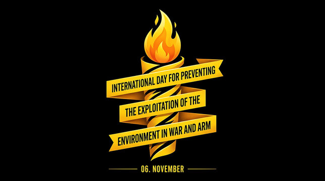 International day for preventing the exploitation of the environment in war and armed conflict commemorative symbol with burning torch on black background