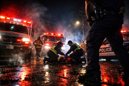 Emergency responders aid victim.