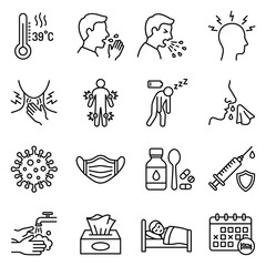 Fototapeta premium Medical Symptoms and Healthcare Prevention Icons Set Outline Vector Illustration